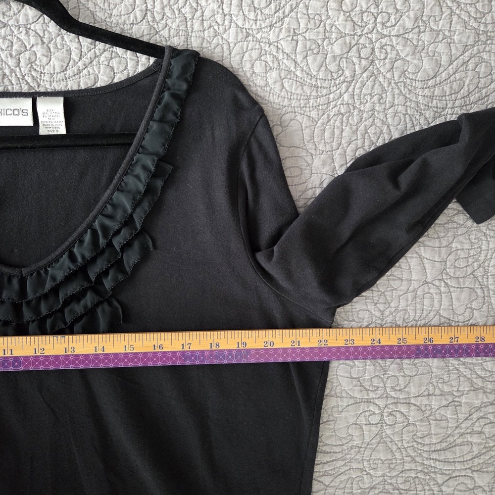 Chicos Womens XL (3) Black 3/4 Sleeve Pima Cotton Ruffle Neck‎ Top Whimsygoth - Picture 7 of 7